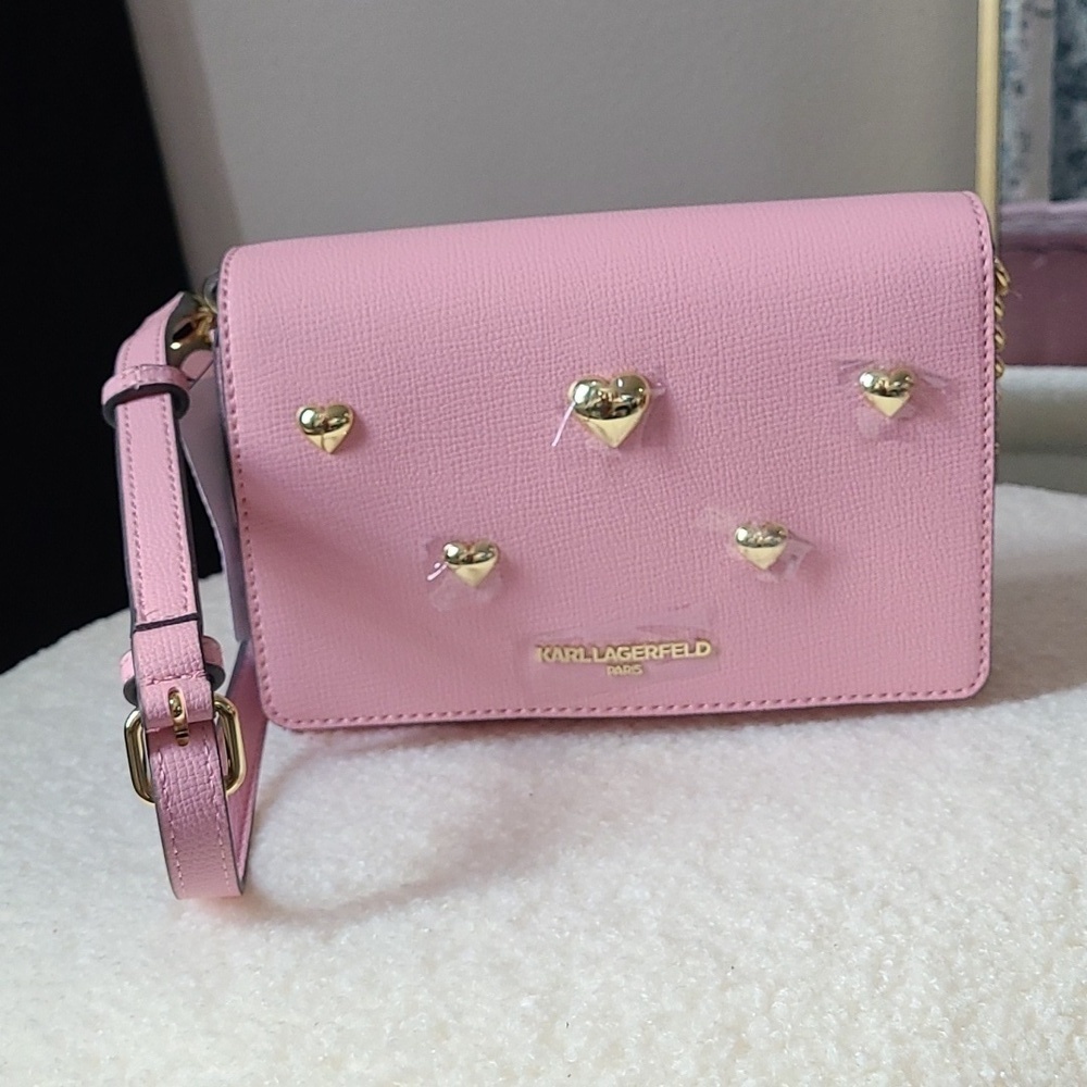 NWT Karl Lagerfeld Paris Women Maybelle Pink Gold Heart Crossbody